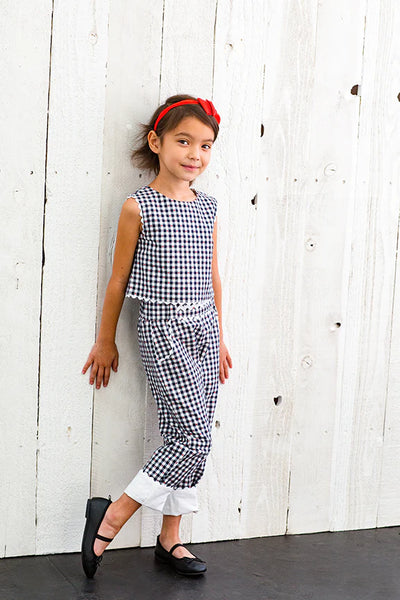 TESSA JAMES~ 2 pc Navy gingham crop top and crop pant