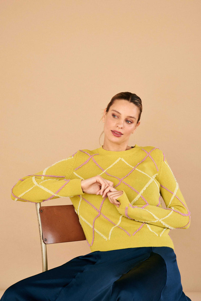 JUMPER1234~ Cashmere wool argyle outline crew