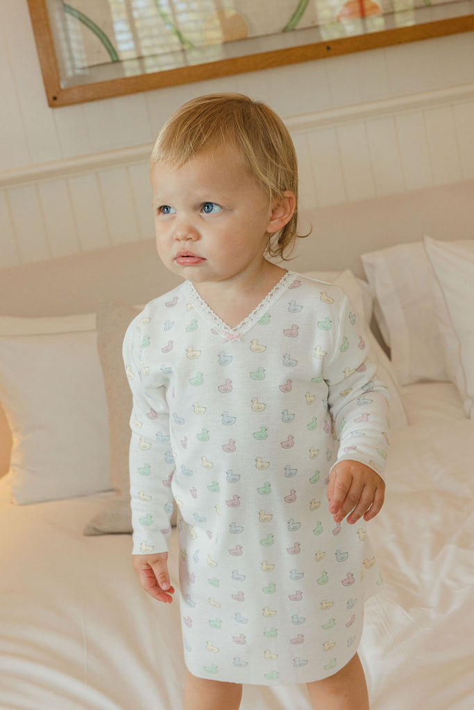 Girls Victoria V-Neck Long Sleeve Gown - Girl Duckie Print