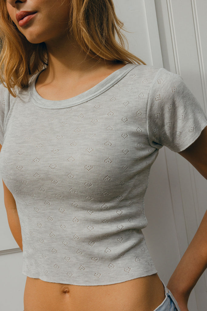 Ann Baby Cropped Tee Short Sleeve - Heather Grey Hearts Pointelle