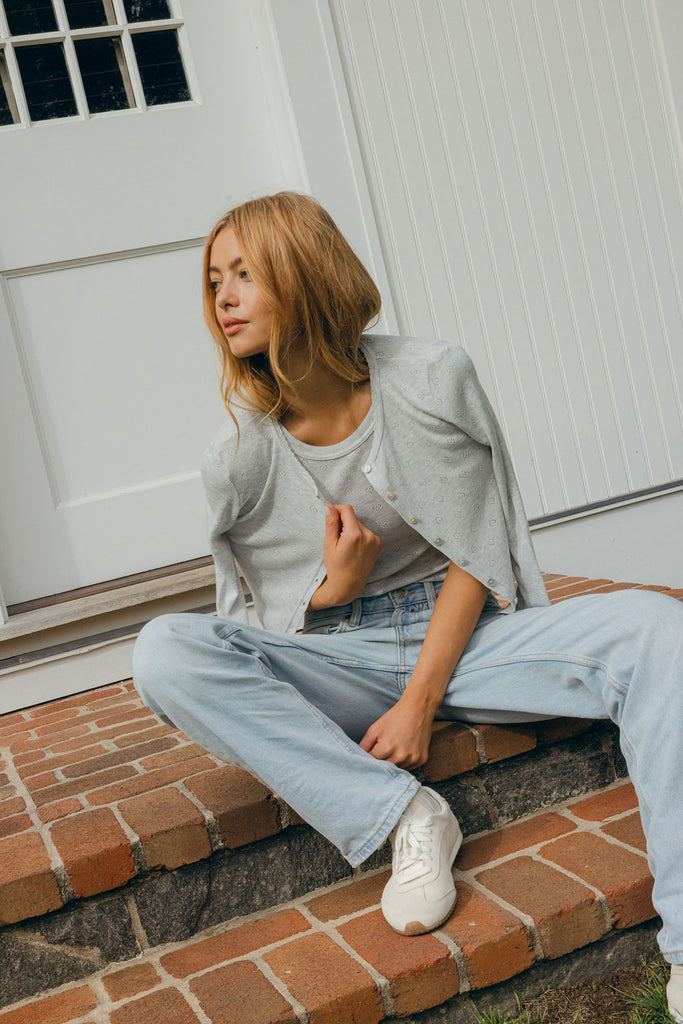 Sophia Crew Cropped Cardigan - Heather Grey Hearts Pointelle