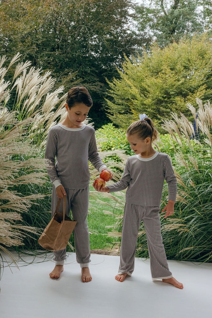 Polkadot BOYS SET Crew LS & Pant - Brown Gingham Print