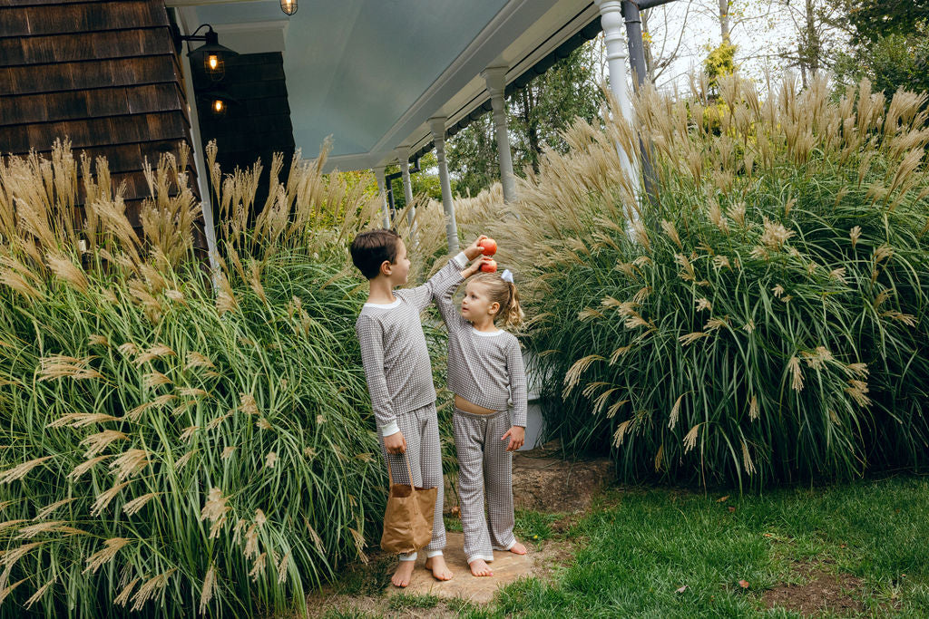 Polkadot BOYS SET Crew LS & Pant - Brown Gingham Print