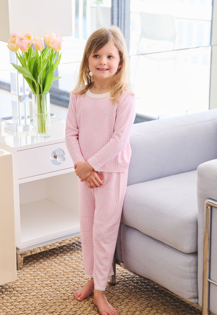 Girls Rach Slouchy Long Sleeve Tee & Wide Leg Pant Set - Pink Gingham Print
