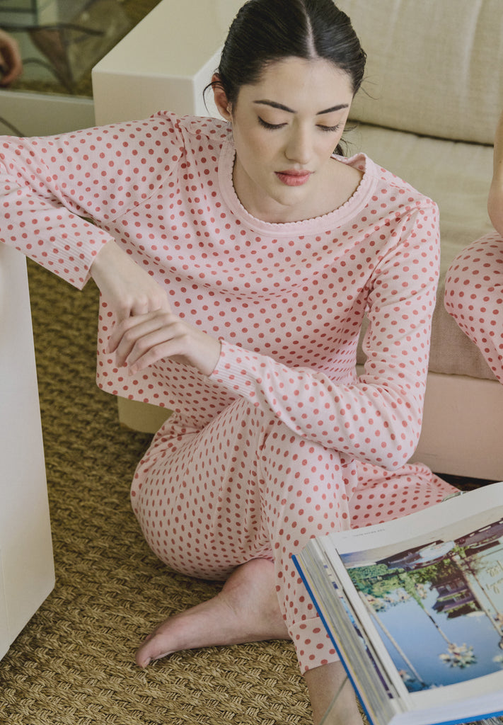 Nell Cropped Slouchy Long Sleeve Tee - Red Large Dot Print