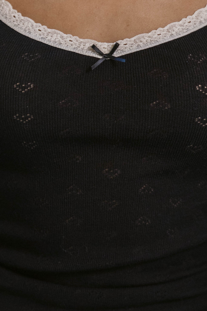 Patti Classic Fitted Cami - Black Hearts Pointelle w Ecru Lace