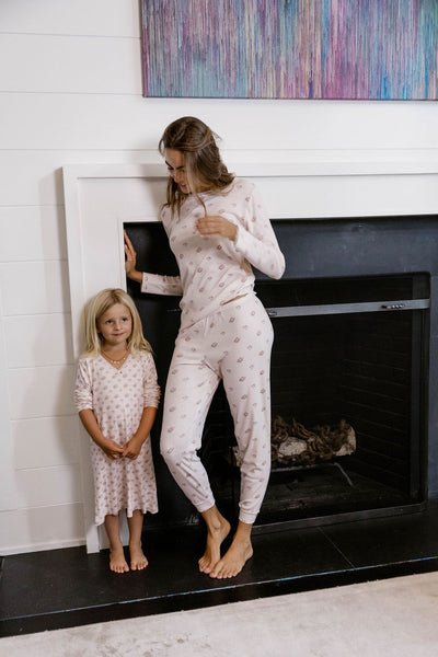 Girls Victoria V-Neck Long Sleeve Gown - Pink Vintage Ditsy Rose Print