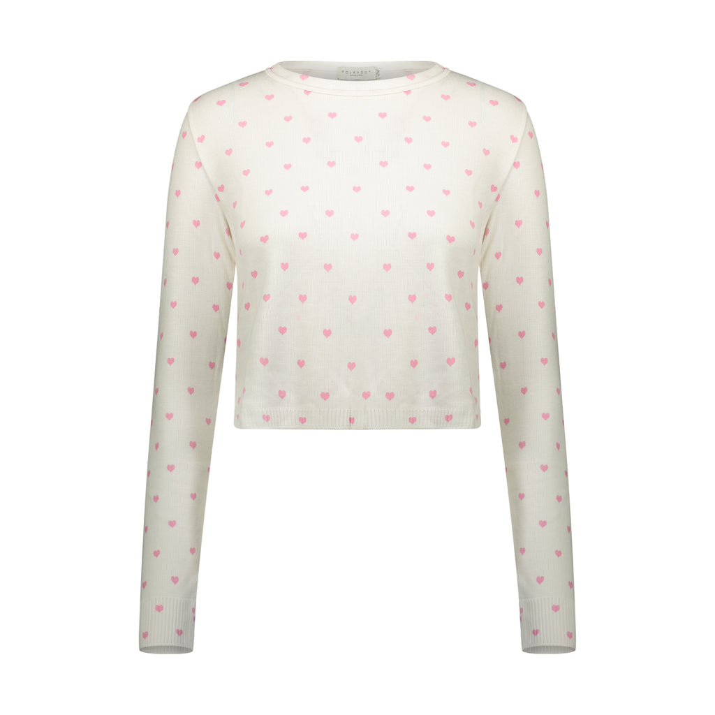 Polkadot Pink Hearts Print NELL CROP SLOUCHY CREW LS w Scallop