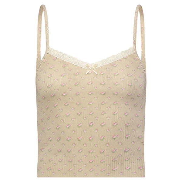 Polkadot TAUPE DITSY ROSE Print LIZ CROP CAMISOLE w Lace
