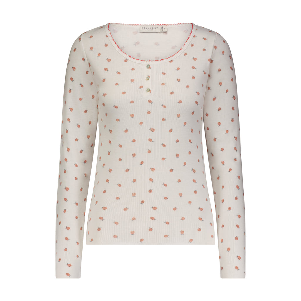 Polkadot LUCKY LADYBUG Print HENLEY Fitted Crew LS