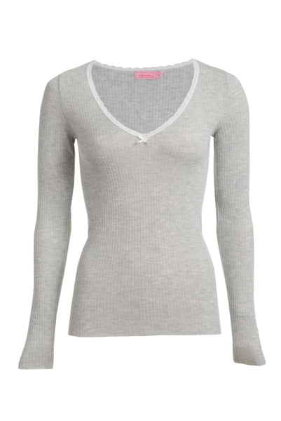Polkadot RIB V NECK LS Heather Grey w Lace -Restocked